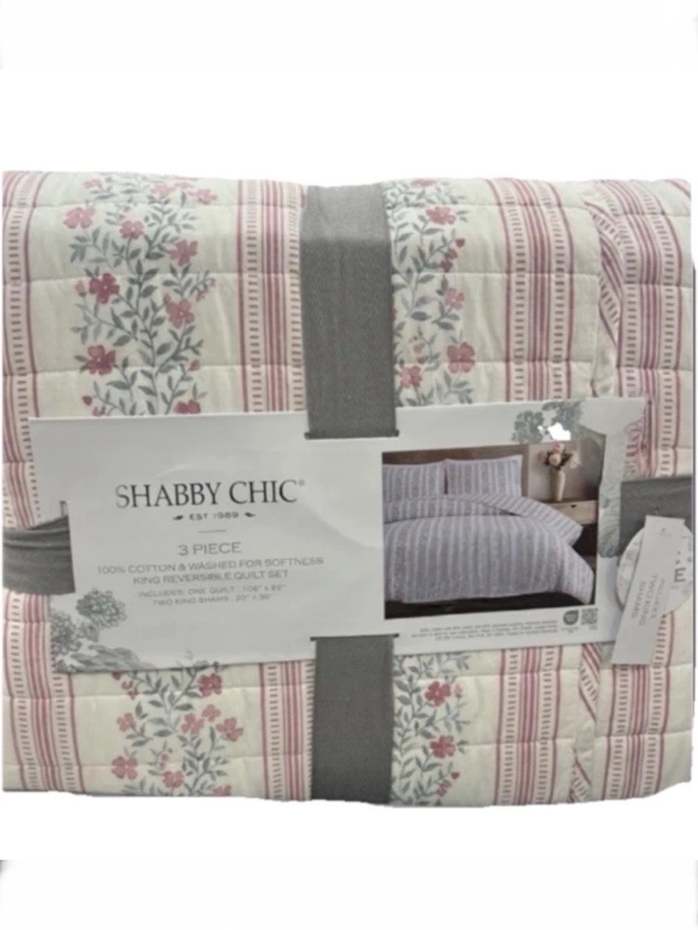 Shabby Chic King Cotton Reversible Floral Mauve Pink & White Quilt Set 106”x92”